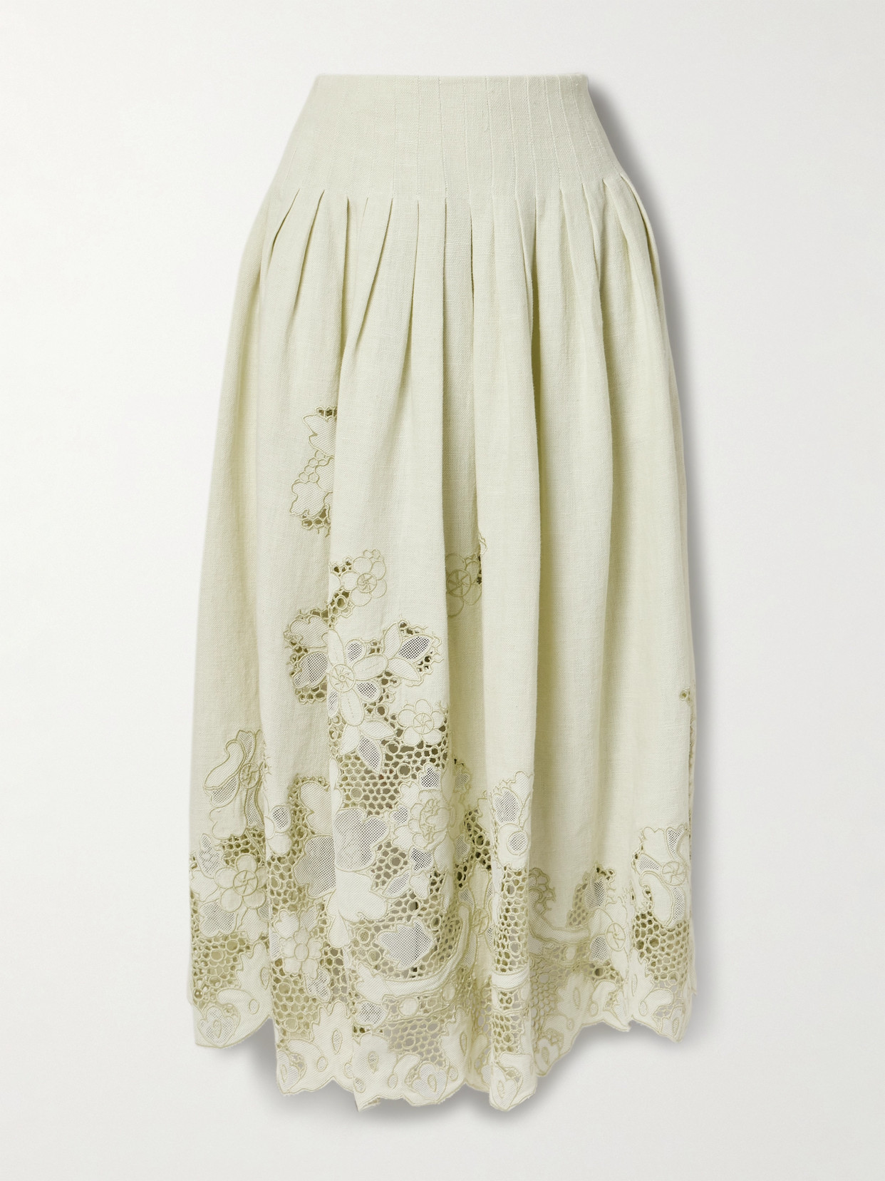 Darina Pleated Mesh-Trimmed Embroidered Linen Midi Skirt