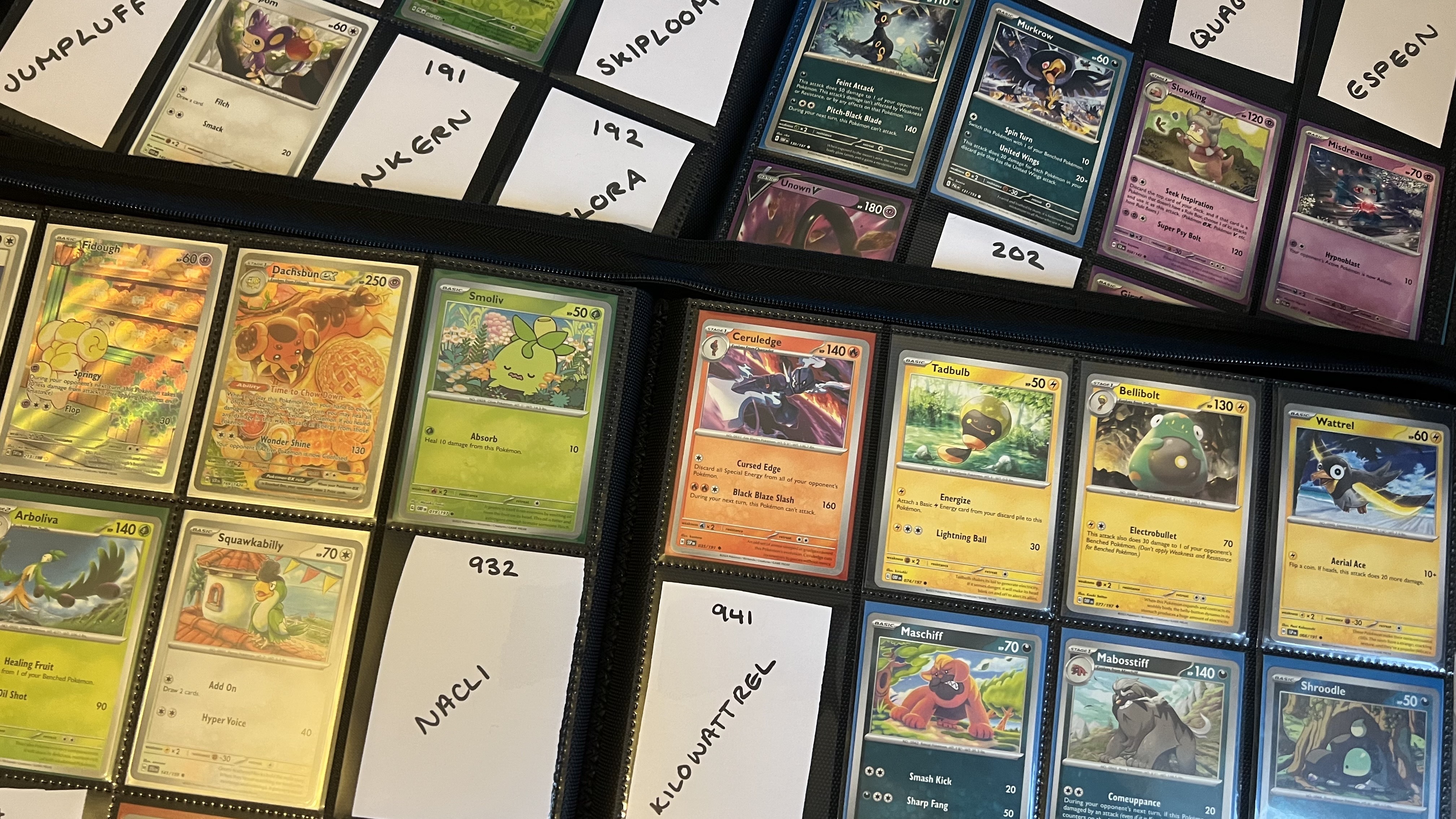Pokemon cards and placeholders in a binder