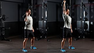 Man demonstrates two positions of the kettlebell press exercise
