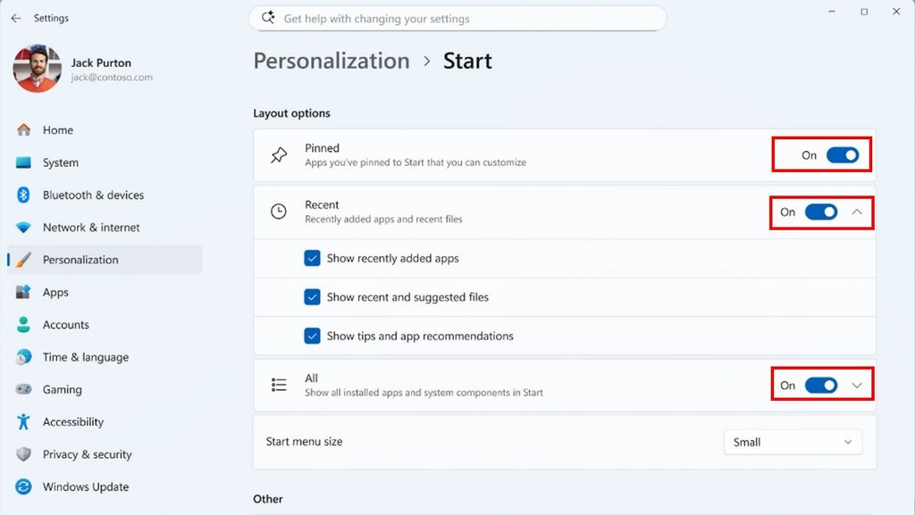 Start menu hide Pinned, Recommended, and All sections