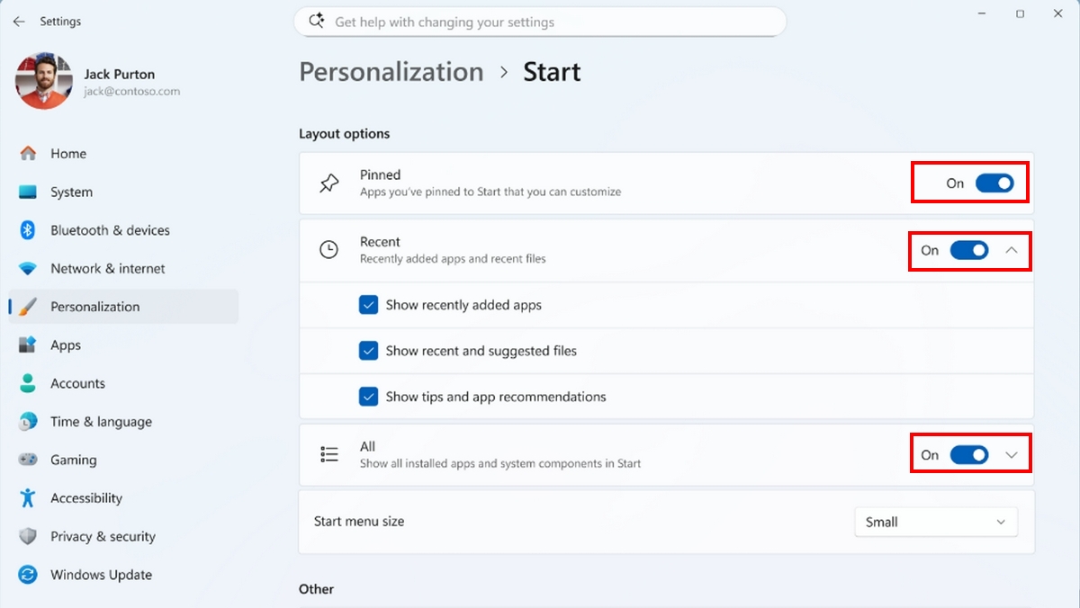 Start menu hide Pinned, Recommended, and All sections