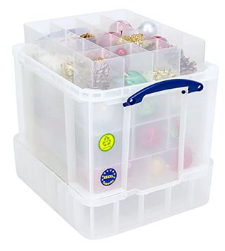 Really Useful Plastic Storage Box 35 Litre With Xxl Lid With 4 Trays 1x6 + 1x9 + 1x12 + 1x16 Compartments Clear