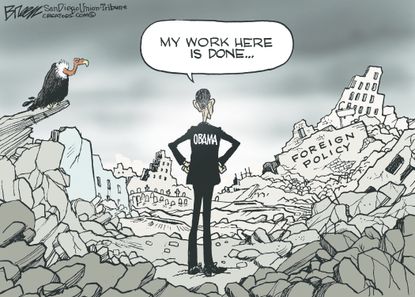 Political cartoon U.S. Barack Obama legacy foreign policy destruction