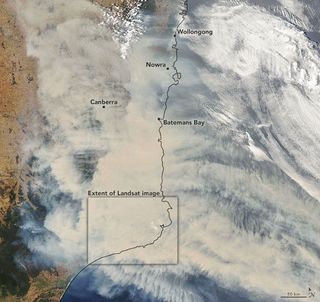 A satellite image of the smoke coming from the Australia wildfires on Jan. 1, 2020.