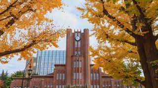 Photo of the Clock Tower building at the University of Tokyo, surrounded by a Ginkgo tree with yellow leaves