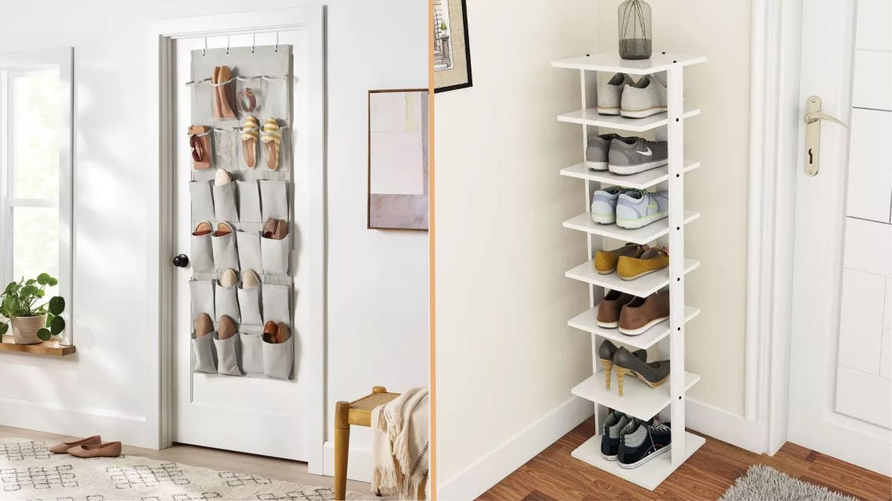 2 Target shoe organizers, one hanging over a bedroom door with pockets, another in an entryway with shelves beside door