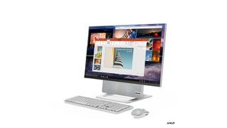 Lenovo Yoga AIO 7 desktop PC in landscape orientation with keyboard and mouse