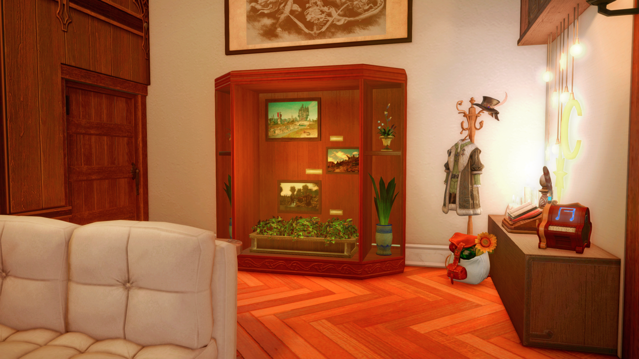 Final Fantasy 14 housing, a glass showcase with plants and art