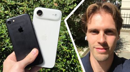 The iPhone 7 and iPhone Air being held in the hand, next to a man's face
