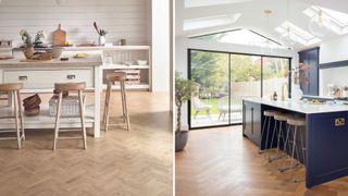 collage of two kitchens both showing heritage herringbone flooring trends 2023