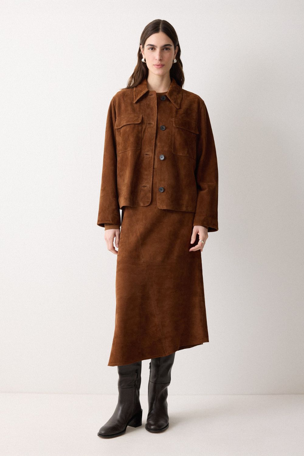 Suede Midi Asymmetric Skirt | Tan