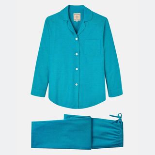 flat lay of turquoise brushed cotton pajama set from british boxers