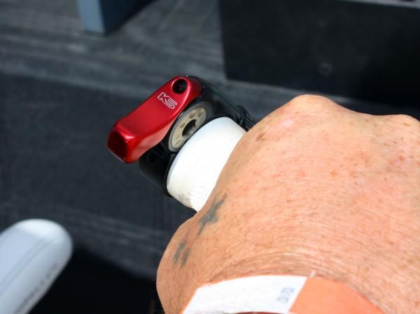 The new KS handlebar remote for its telescoping seatposts takes up little room and is admirably smooth.