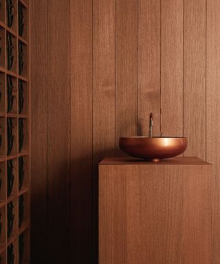 Wood room with metallic sink