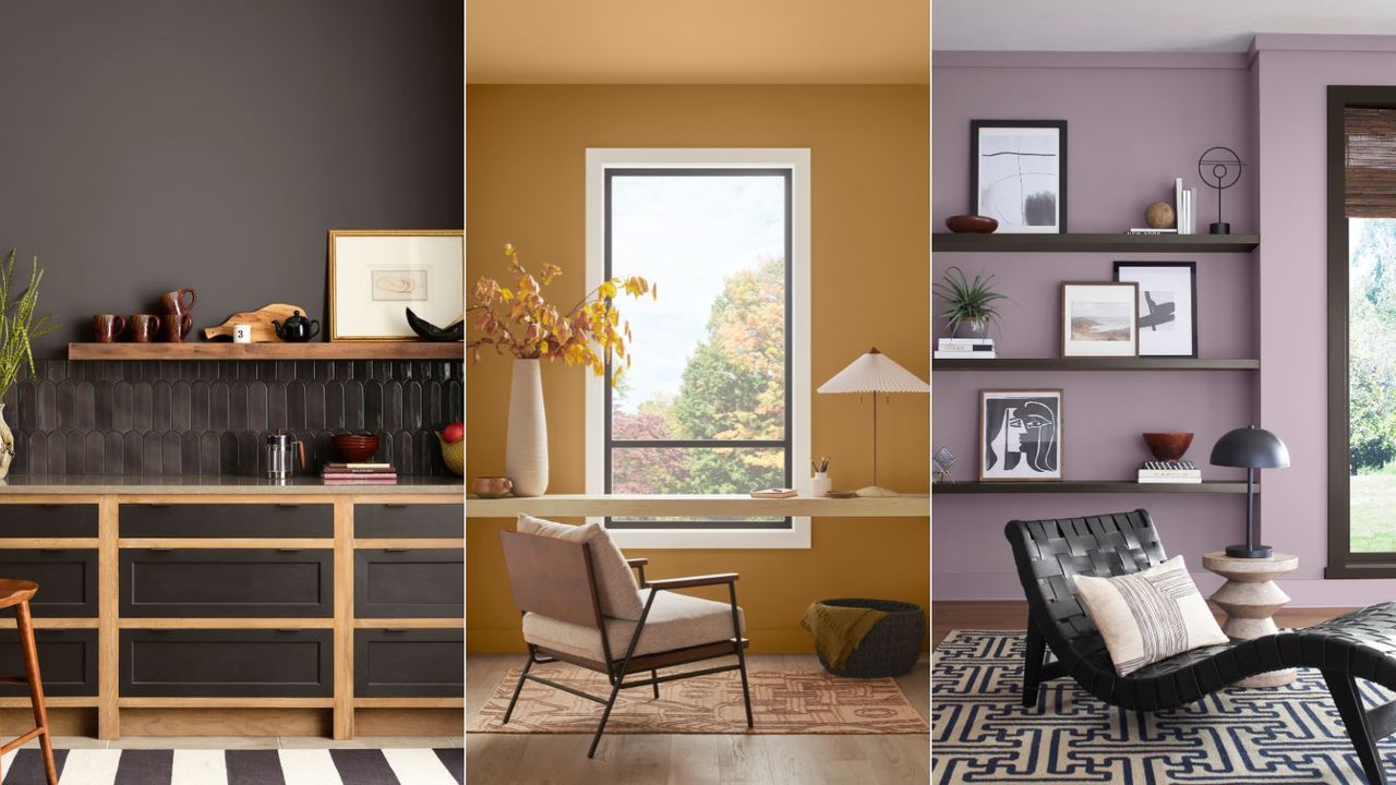 dark brown kitchen, dark yellow home office, lilac room