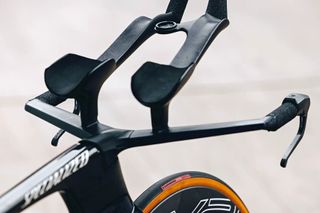 Image shows detail of Specialized custom TT bars for Soudal - Quick Step rider