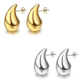 2 Pairs Chunky Gold Sliver Hoop Earrings 18k Gold Plated Teardrop Earrings for Women Hypoallergenic Gold and Silver Chunky Earrings Lightweight Drop Earringswith Sterling Silver Post for Women Girls