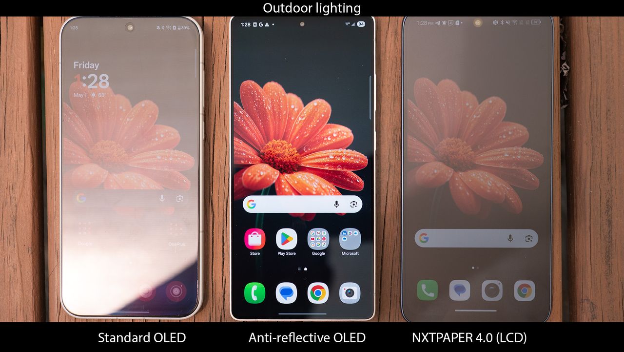 Comparing NXTPAPER 4.0 on the TCL NXTPAPER 70 Pro with anti-reflective OLED on the Samsung Galaxy S25 Ultra, as well as standard OLED on a OnePlus 15