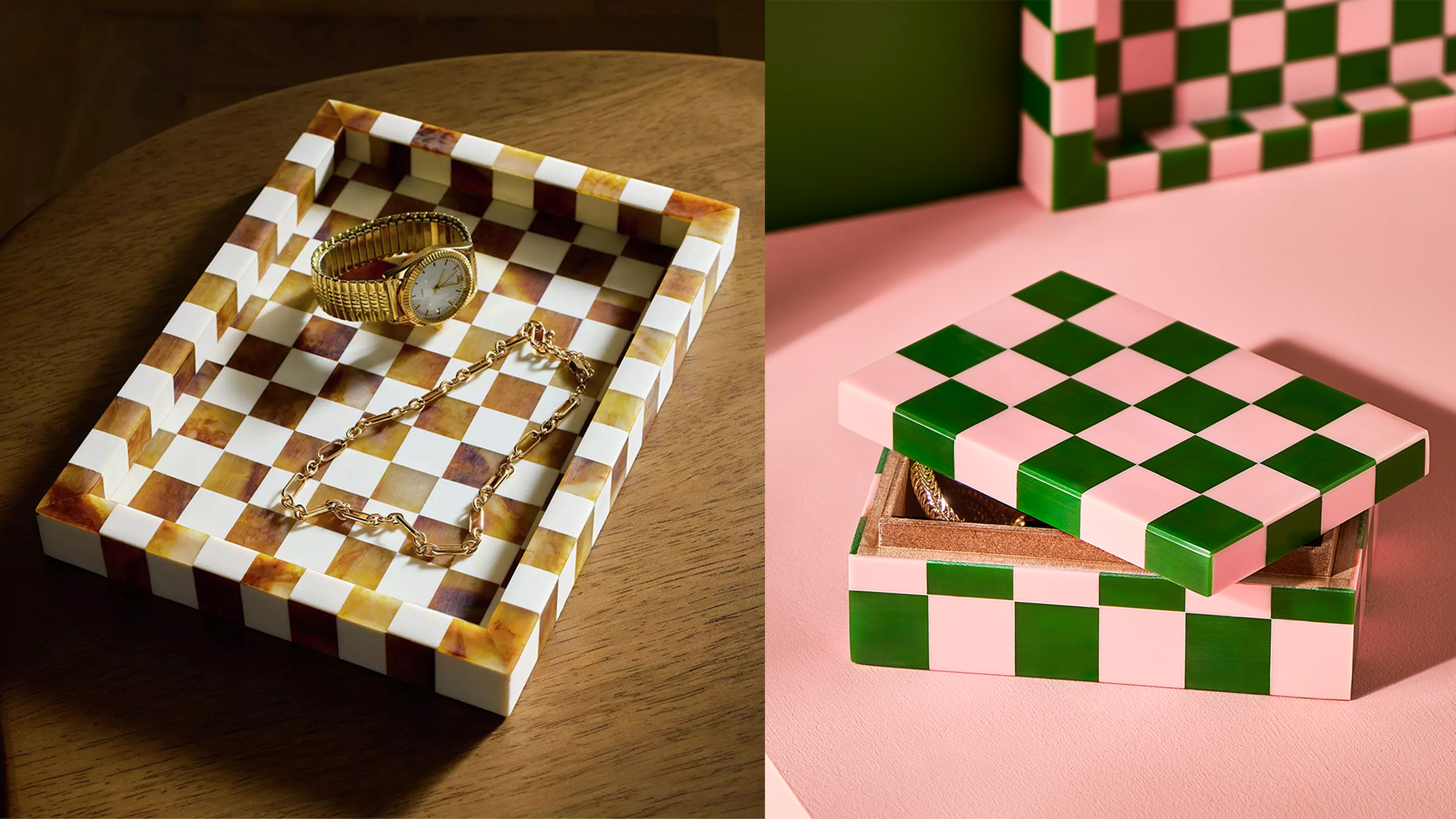 Checked brown and white tray, with a green and pink checked box