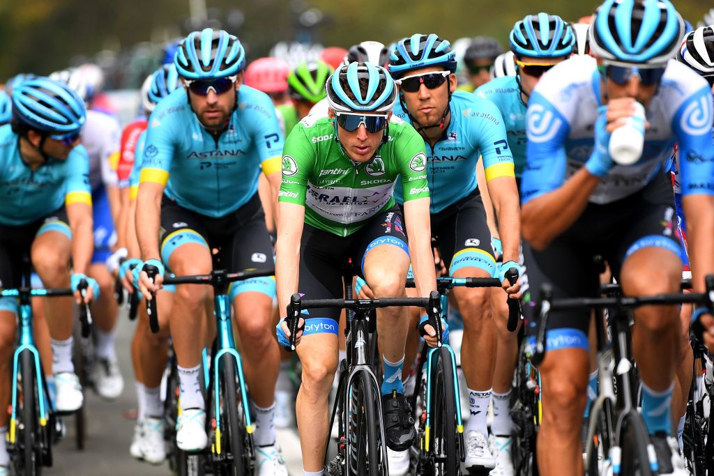 ALTODELANGLIRU SPAIN NOVEMBER 01 Daniel Martin of Ireland and Team Israel StartUp Nation Green Points Jersey Omar Fraile Matarranz of Spain and Astana Pro Team during the 75th Tour of Spain 2020 Stage 12 a 1094km stage from Pola de Laviana to Alto de lAngliru 1560m lavuelta LaVuelta20 La Vuelta on November 01 2020 in Alto de lAngliru Spain Photo by David RamosGetty Images