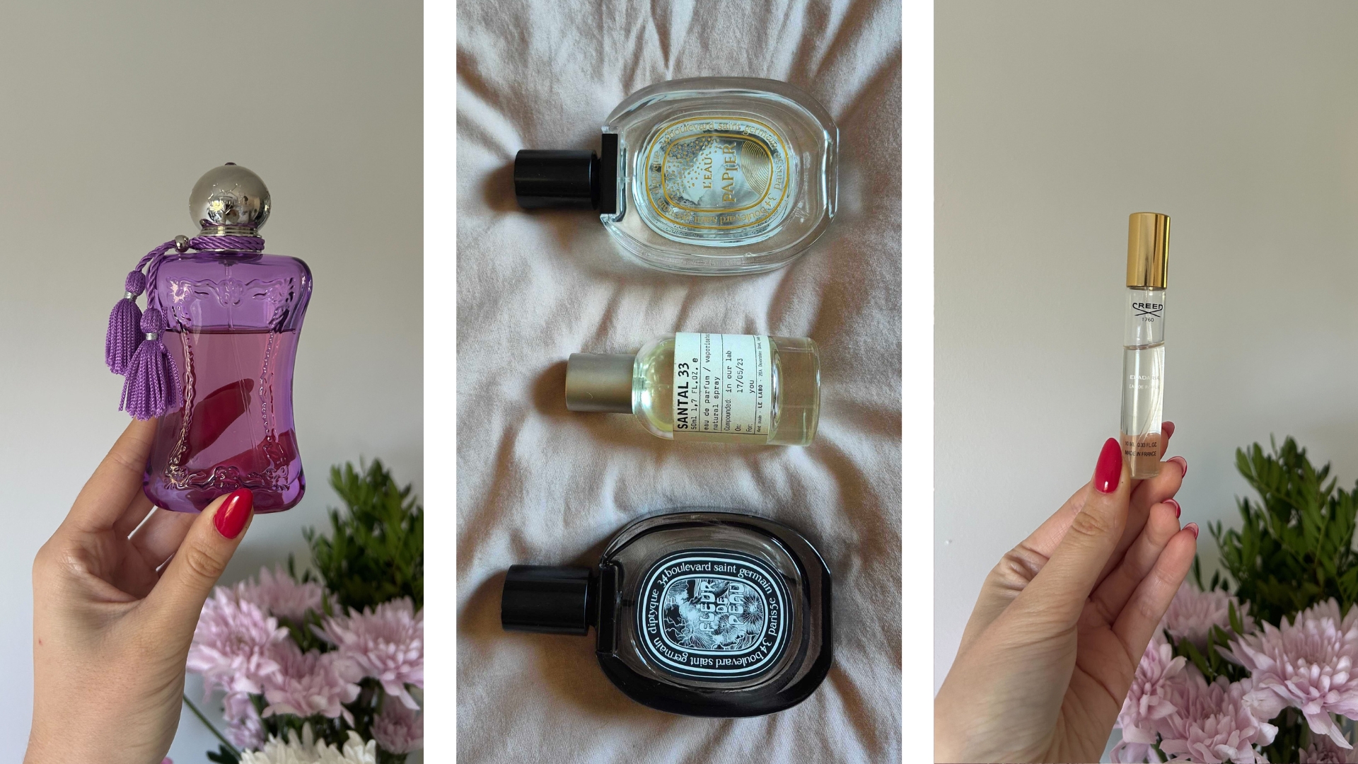 A collage of some of the musk perfumes featured in this roundup: On the right, is a close-up of Digital Beauty Writer, Sennen Prickett&#039;s hand holding a bottle of the Parfums de Marly Palatine perfume, followed by a close-up of Diptyque&#039;s Fleur de Peau, L&#039;eau Papier and Le Labo Santal 33 laid down on a pink bedding background. And finally, on the left, is a picture of Sennen&#039;s hand holding the travel size of Creed&#039;s Eladari fragrance.