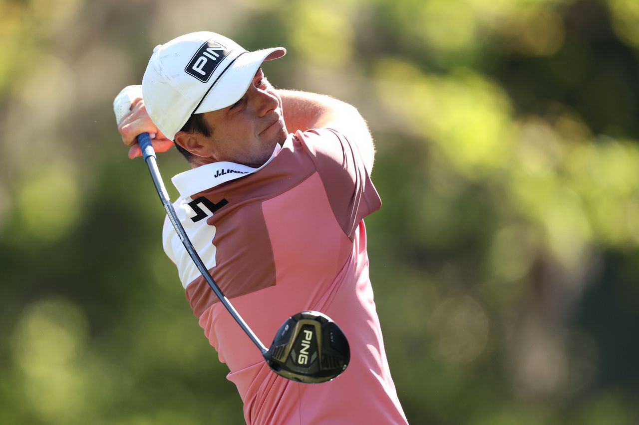 Viktor Hovland plays his shot from the third tee during the first round of the RBC Heritage 2026 at Harbour Town Golf Links