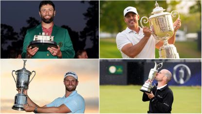 Four golfers holding trophies in a montage of the 2023 Majors
