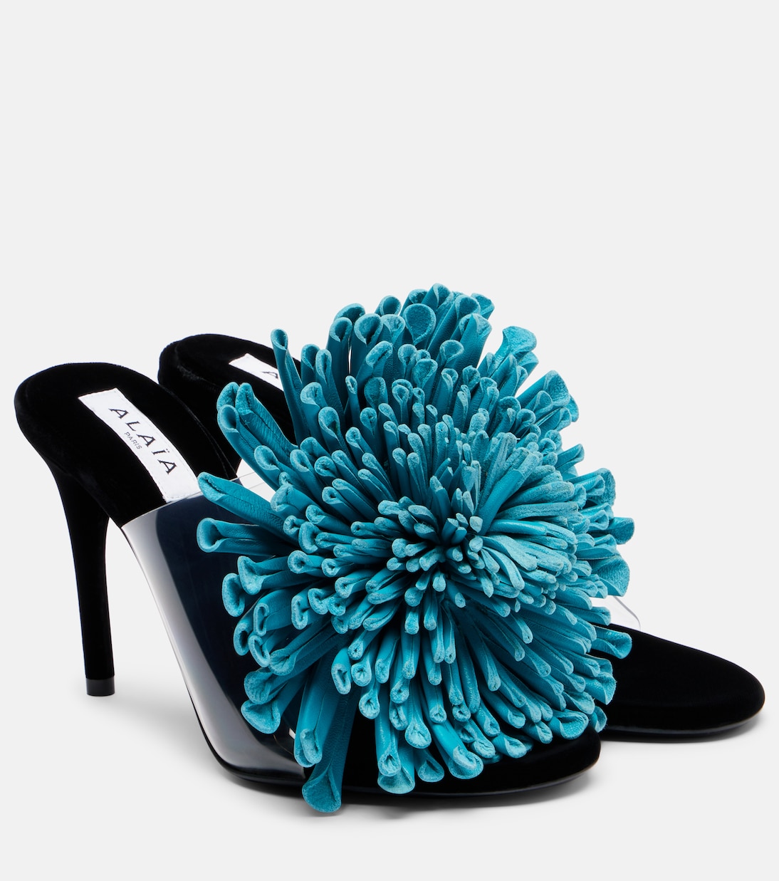 90 Floral-Appliqu&amp;eacute; Leather and Pu Mules in Blue - Alaia