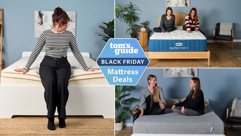 A collage of our mattress testers sitting on the Saatva Classic mattress (left), Bear Elite Hybrid mattress (top right) and Siena mattress (bottom right) in sleep studio with plants, blue wall and black chair next to bed 