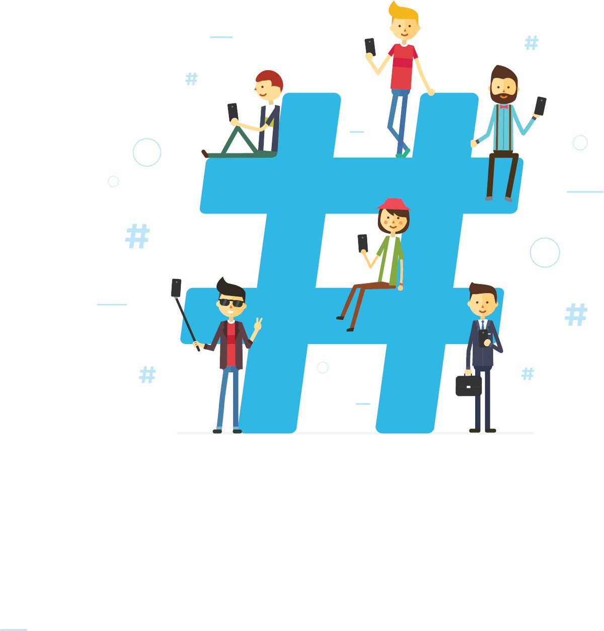 Drawing of large blue hashtag with various people and their cell phones.