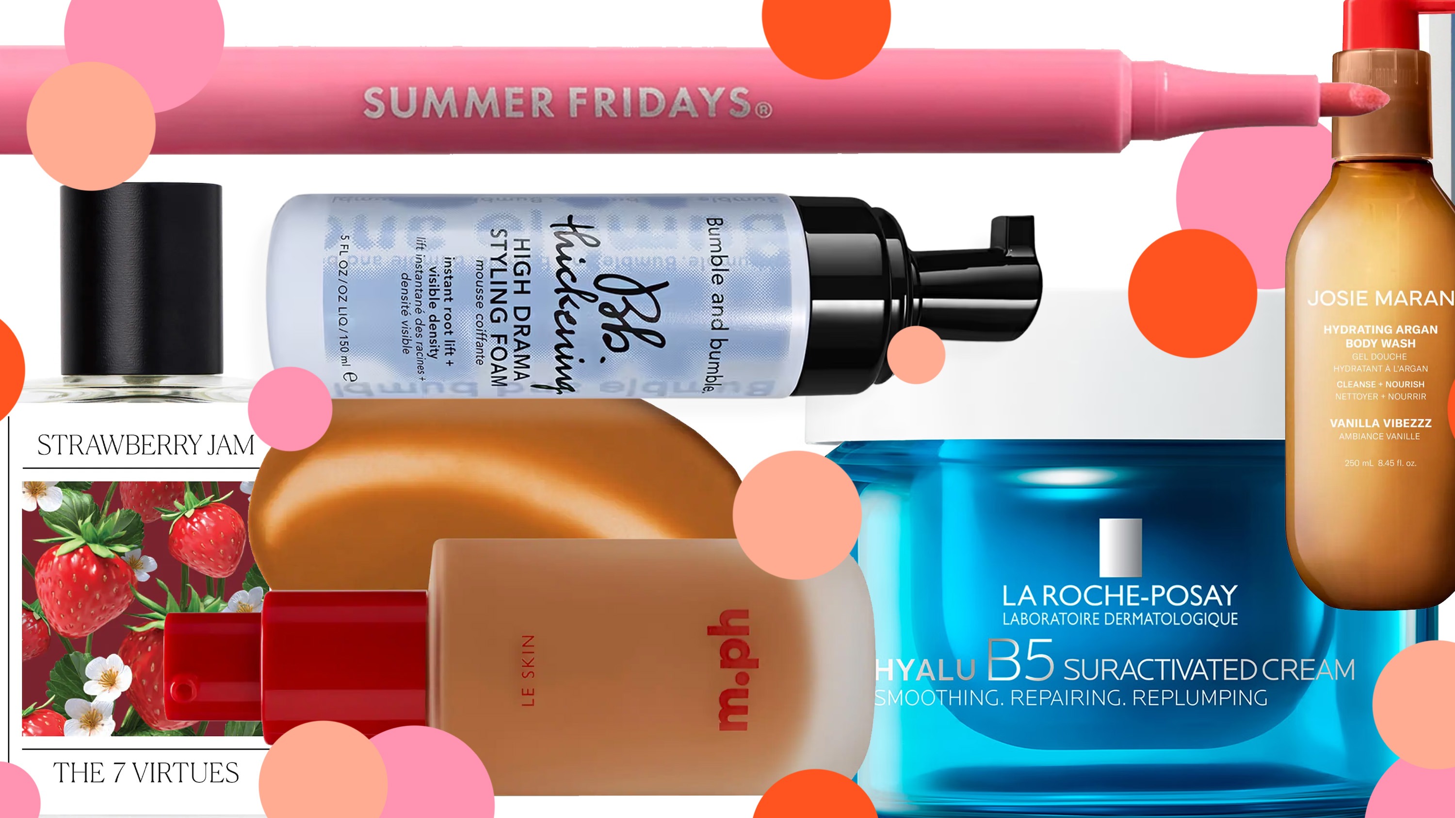 product collage of the 7 virtues strawberry jam perfume, Bumble and bumble thickening styling foam, La roche posay Hyalu B5 Suractivated Cream, summer fridays lip liner, m.ph serum foundation, Josie Maran body wash on white background with pink and peach polka dots 