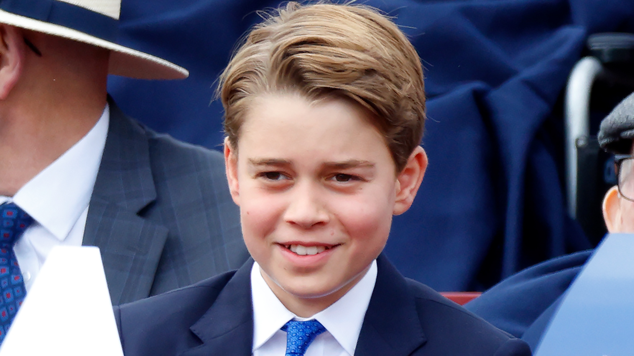 Prince George of Wales watches a military procession, down The Mall, to mark the 80th anniversary of VE Day on May 5, 2025