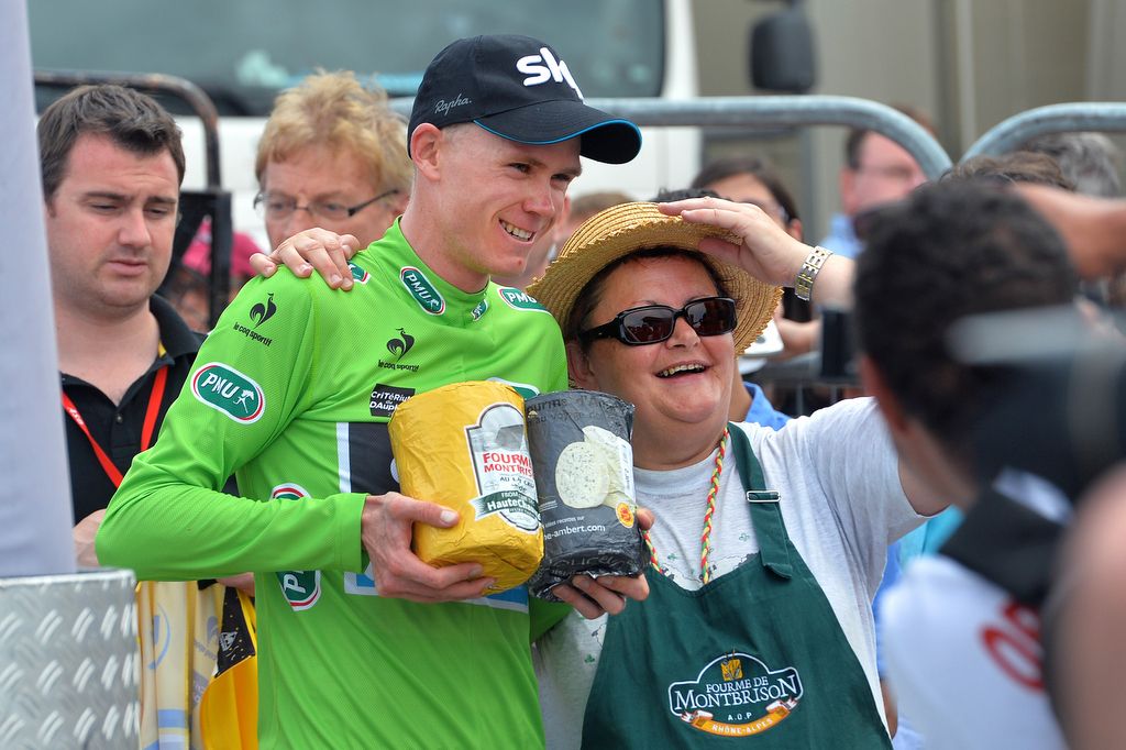 Say cheese! Chris Froome bagged from cheese after a stage win in 2014