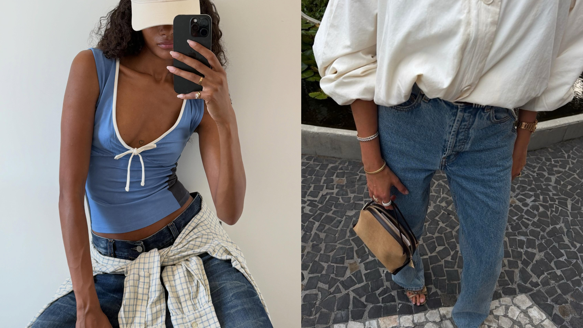An image of a woman wearing summer to fall transitional denim outfit idea 2026