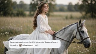 An AI-generated image of a girl on a horse with a screenshot of the prompt that created the image