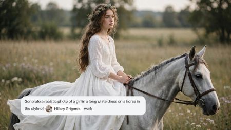 An AI-generated image of a girl on a horse with a screenshot of the prompt that created the image