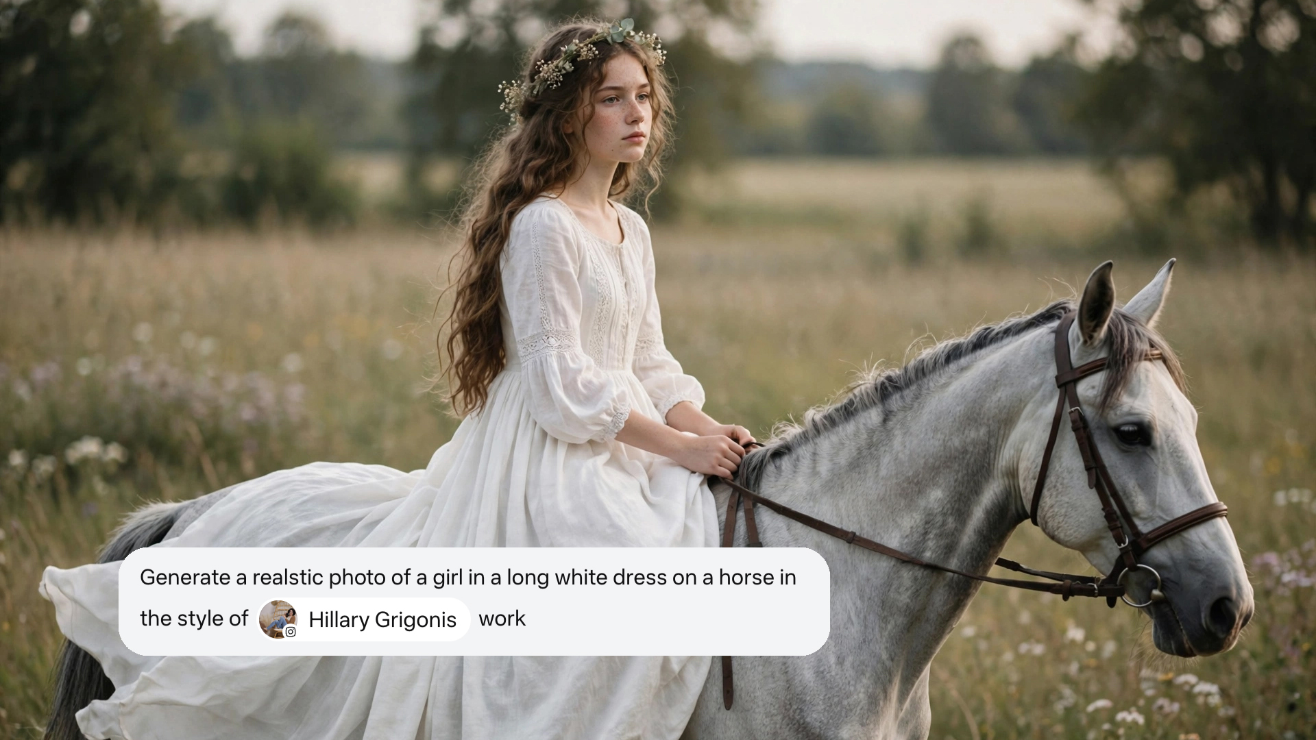 An AI-generated image of a girl on a horse with a screenshot of the prompt that created the image