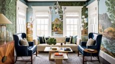 Mural-wallpapered living room featuring a blend of historic accents and modern lighting ideas