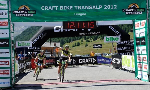 Stage winners Alban Lakata, right and Robert Mennen of Topeak Ergon Racing