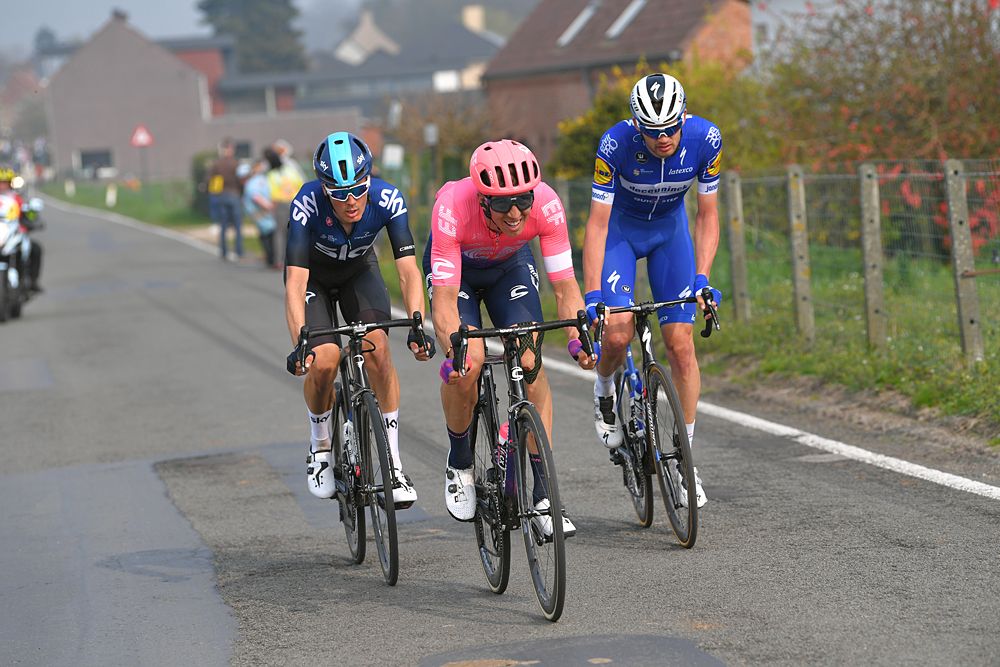 Kasper Asgreen of Denmark and Team Deceuninck-Quickstep / Sep Vanmarcke of Belgium and Team Ef Education First / Dylan Van Baarle of The Netherlands and Team Sky / during the 103rd Tour of Flanders 2019
