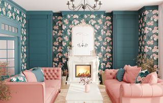 living room with floral wallpaper in modern colors and coral sofas