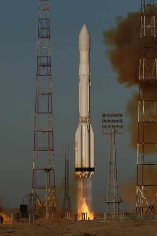 A Russian Proton rocket launches three new Glonass-M navigation satellites that later crashed into the Pacific Ocean after lifting off on Dec. 5, 2010 from Baikonur Cosmodrome in Kazakhstan.