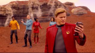 (From left to right) Osy Ikhile as Nate Packer, Jimmi Simpson as Walton, Michaela Coel as Shania, Cristin Milioti as Nanette Cole, and Jesse Plemons as Robert Daly in the episode USS Callister of Black Mirror season 4