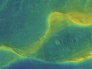 This NASA image shows a preserved river channel on Mars, with color overlaid to indicate elevation (blue is low, yellow is high). The range of elevation in the snapshot is about 115 feet (35 meters).