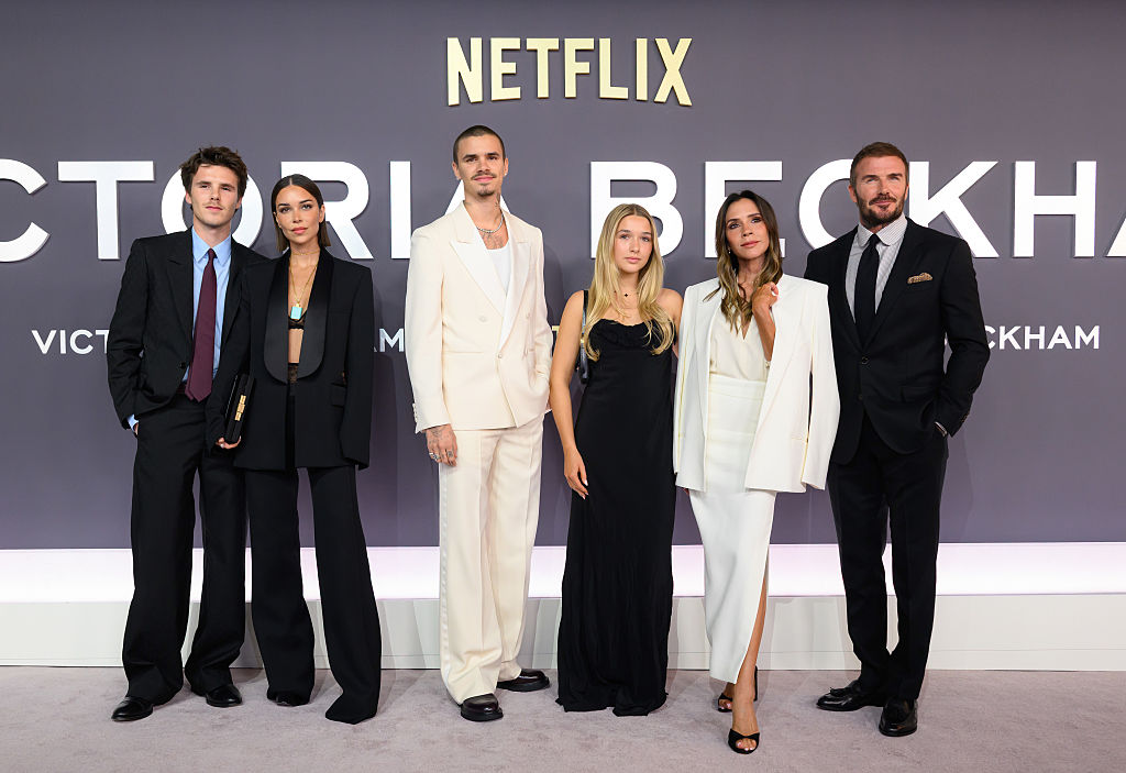 (L-R) Cruz Beckham, Jackie Apostel, Romeo Beckham, Harper Beckham, Victoria Beckham and David Beckham attend the "Victoria Beckham" World Premiere