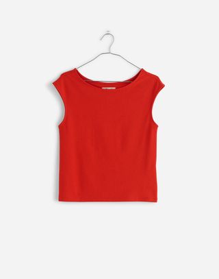 red cap sleeve t-shirt on hanger