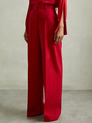 Wool Blend Wide Leg Trousers in Red