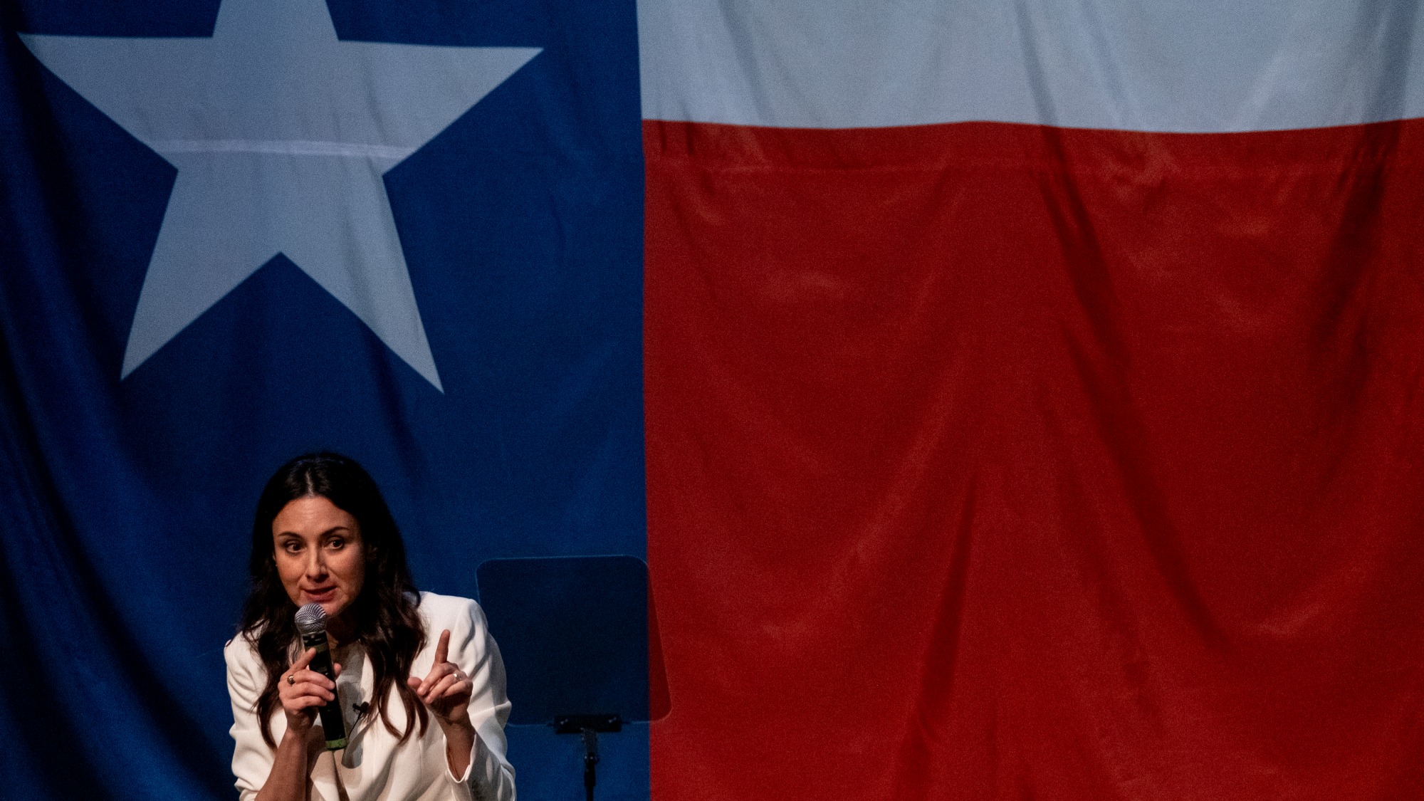 Democratic candidate for Texas governor Gina Hinojosa speaks during Democratic state Rep. James Talarico's New American Dream Tour in Killeen, Texas, on Friday, August 14, 2026.