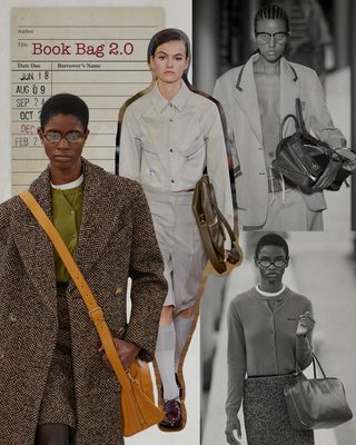 a collage depicting models wearing the book bags on the runway