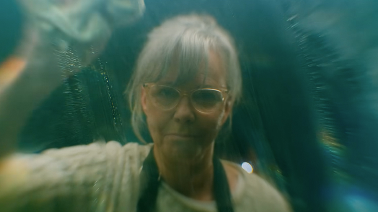 Sally Field looking through glass that she is cleaning in Remarkably Bright Creatures.